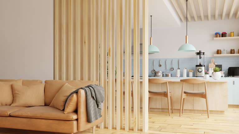 Living room interior wall mockup in warm tones with leather sofa which is behind the kitchen.