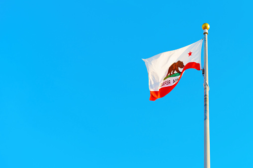 Close-up view of the California state flag waving proudly on a flagpole against a clear blue sky, symbolizing state pride, heritage and identity.