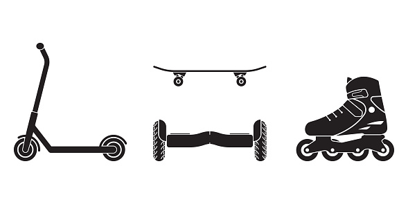 Scooter, Hoverboard, Skateboard, Roller skate icon or logo set. Self balancing, Extreme sport equipment. Vector illustration.