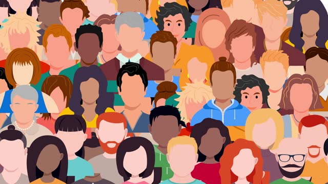 People Crowd Faces Pattern Animated Background Stop Motion. Multicultural Person Face Stand Together. Diversity and Society Concept.