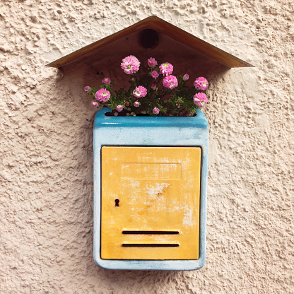Flowers are inserted in a domestic mailbox. Photomontage with digital elements.