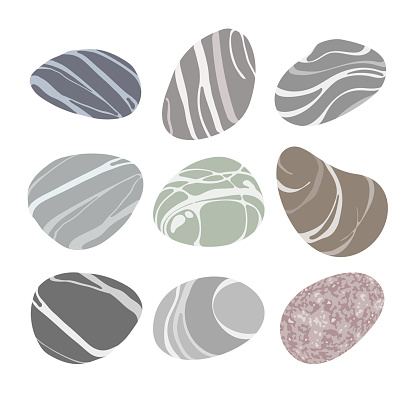 Set of beach pebbles or sea stones in various shapes. Different colors and textures, flat modern style. Striped sea rock pebbles isolated on white background. Vector illustration