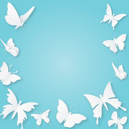A cut paper style border frame done with various butterflies on a gradient background.