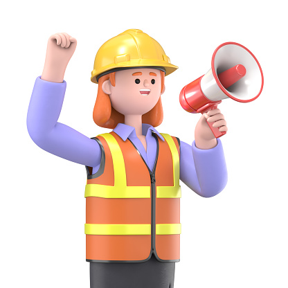 3D illustration of Female engineer Pam holding a speaker. Cute smiling businessman announcing over the loudspeaker by raising his hand, isolated on white background. Business advertising concept.
