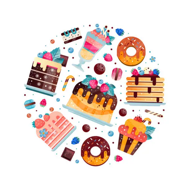 Vector illustration of Tasty Dessert with Cake and Sweet Donut with Chocolate Vector Circle Arrangement