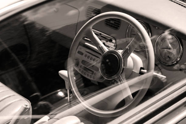 istock Steering wheel and dashboard of a retro car. 1548395362