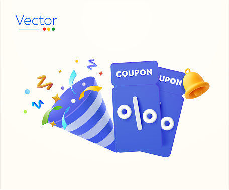 3d coupons, voucher with confetti, explosion effect, notification bell, isolated on white background. Concept for sale off, discount, promotion announcement, campaign. 3d vector illustration. Vector illustration