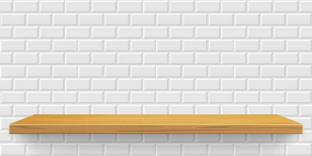 istock Wooden shef on white metro tile background. Vector realistic tabletop sheet, kitchen furniture of natural materials on perspective proection 1548408665