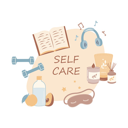 Self care personal health habits combination for wellness person concept. Daily lifestyle for happiness and physical or emotional peace vector illustration. Activities combination for good body.