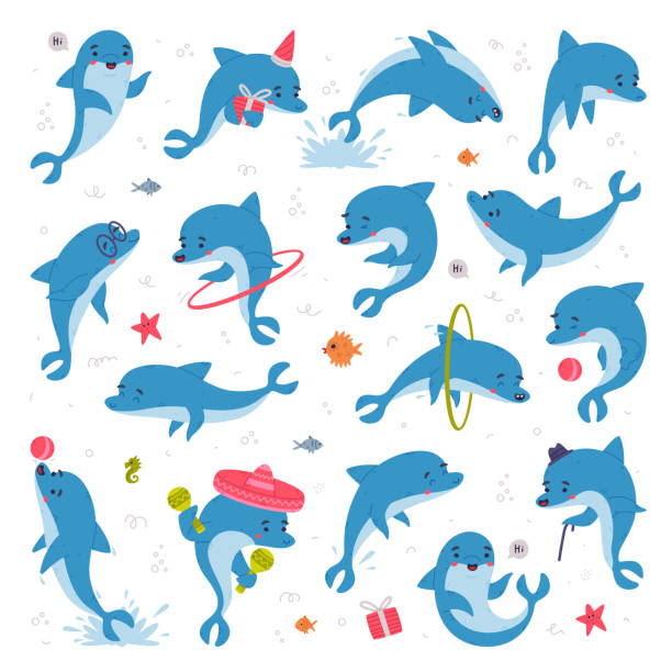 illustrazioni stock, clip art, cartoni animati e icone di tendenza di simpatici delfini blu amichevoli. divertenti animali sottomarini felici che giocano e nuotano illustrazione vettoriale del fumetto - happy dolphin