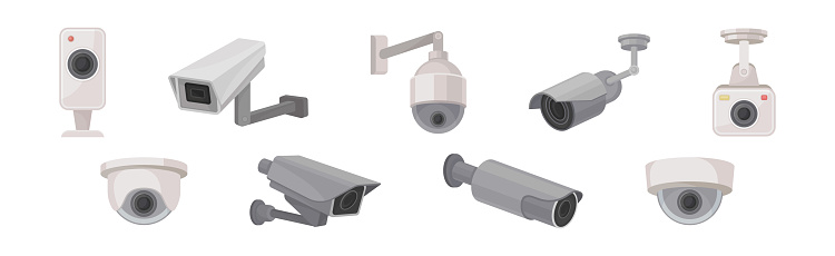 Wireless Security Camera or Closed-circuit Television for Monitoring and Surveillance Vector Set. Digital Device for Transmitting Video and Audio Signal Concept