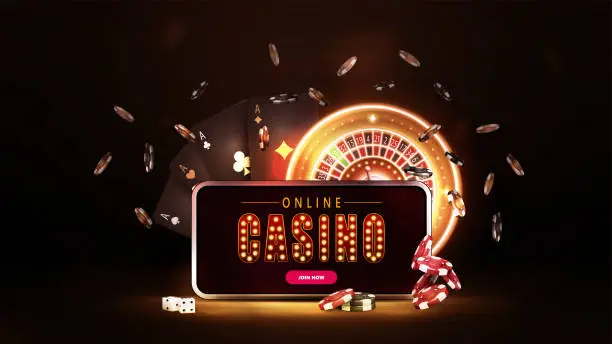 Vector illustration of Online casino, dark banner with smartphone, neon roulette, cards and poker chips in black scene