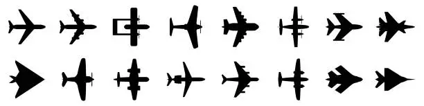 Vector illustration of Set plane icons, different historical airplane, passenger airplanes, aircraft. Airliner model top view - vector