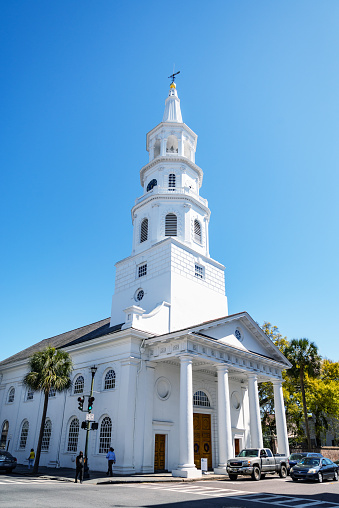 Charleston SC - March 28, 2019: A view of the famous St. Michael's Episcopal Church in downtown Charleston in the USA