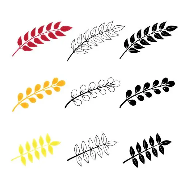 Vector illustration of Set of bright autumn stems isolated on editable white background. Autumn leaves with outline and silhouette added. Elements for card, poster, banner, wallpaper, wrapping, fabric design