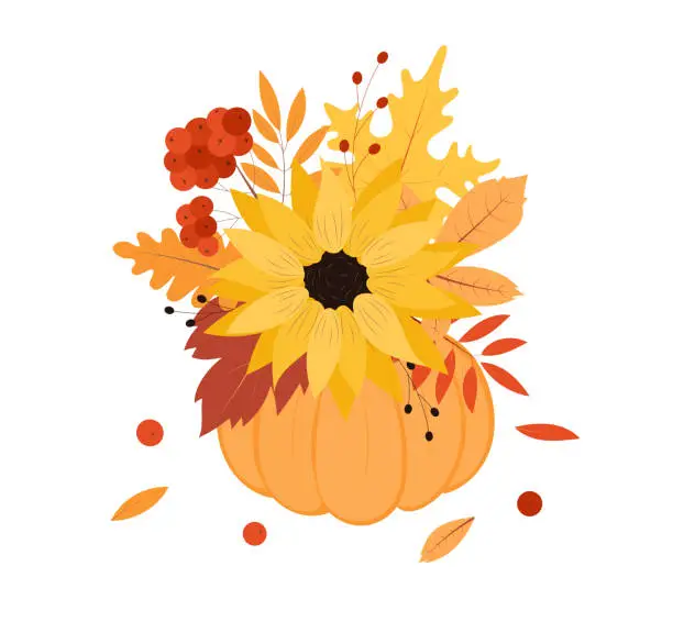 Vector illustration of Autumn bouquet. Composition of pumpkin, leaves, flowers, berries.