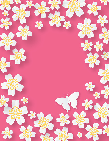 A cut paper style floral border with daisies and a butterfly on a simple background. base color is on its own layer.