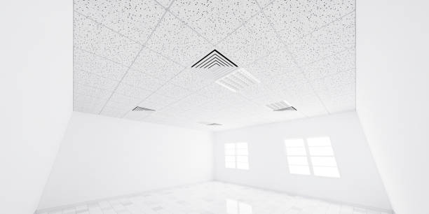 3d rendering of white ceiling inside building. 3d rendering of white ceiling in perspective with texture of acoustic gypsum board, air conditioner, lighting fixture or panel light, pattern of square grid structure. Interior design for building. ceiling tile lighting stock pictures, royalty-free photos & images