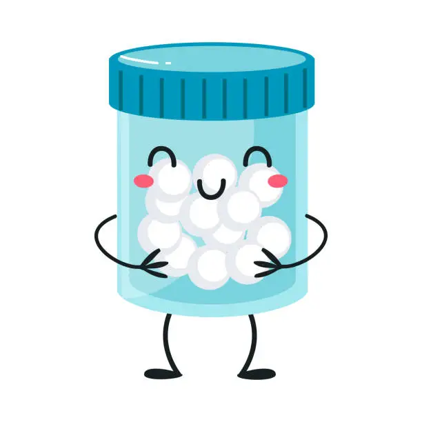 Vector illustration of Cute Drug and Medicine Vial with Smiling Face and Arms Vector Illustration
