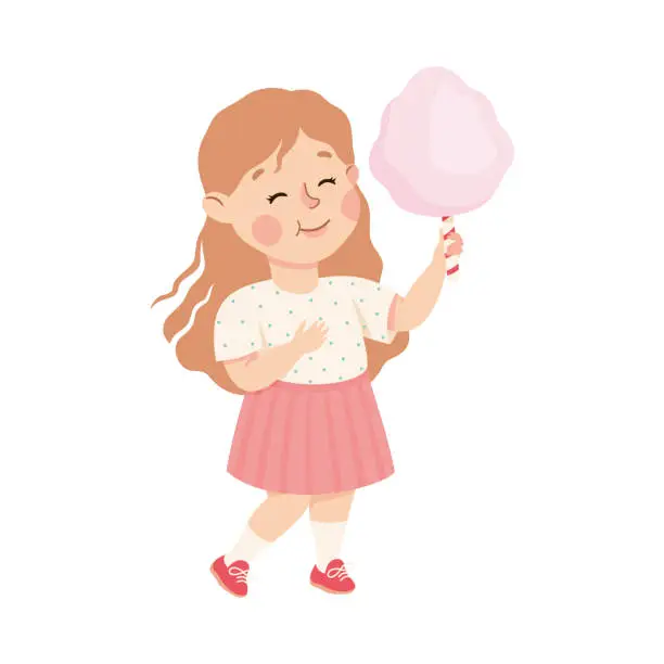 Vector illustration of Little Girl Eating Sweet Candy Floss with Happy Face Enjoying Sugary Treat Vector Illustration