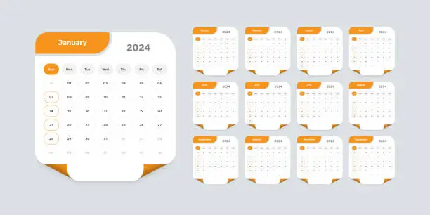 Vector illustration of Abstract designed modern calendar template of 2024 with accurate date format and page curl effect shape