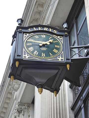 7th July 2023, Dublin, Ireland. The newly renovated Clerys building clock on O'Connell Street, Dublin city centre.