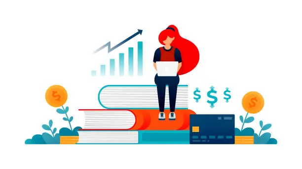 Vector illustration of Illustration of female economics student sitting on pile of books to study investment and business to grow and gain profit form her funds. Can be used for web website poster mobile apps magazine ads