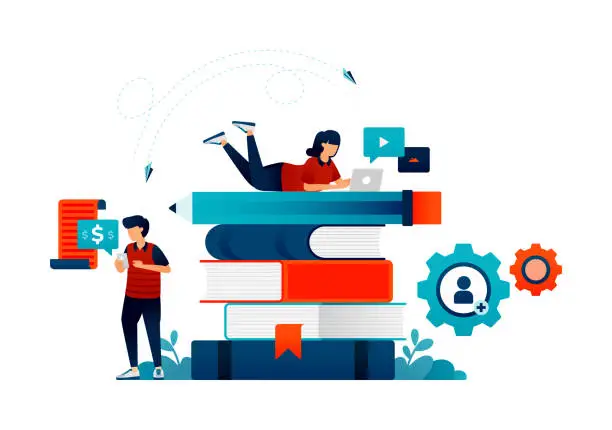 Vector illustration of Illustration of students study on pile of books. mutual sharing and caring in study. communication to transfer learning and knowledge. Can be used for web website poster mobile apps magazine ads