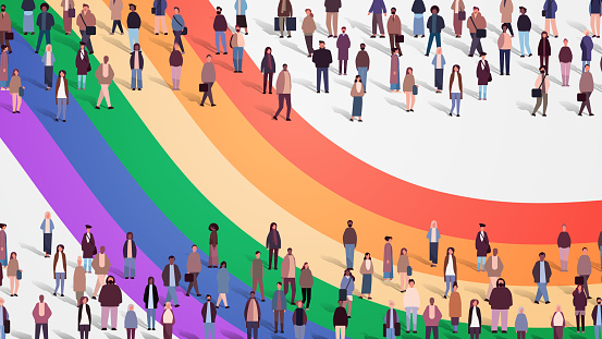 mix race people crowd standing together on lgbt rainbow flag gay lesbian love parade pride festival transgender love concept seamless pattern horizontal vector illustration