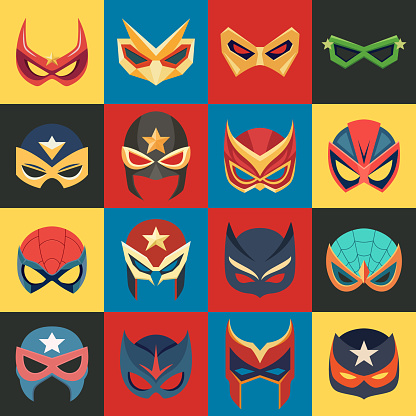 Vector Super Hero Masks Set in Flat Style. Face Character, Superhero Comic Book Mask Collection. Superhero Photo Props, Women and Men Masks, Carnival Glasses.