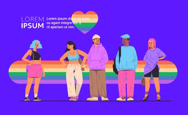 Vector illustration of mix race people with lgbt rainbow flags gay lesbian love parade pride festival transgender love concept