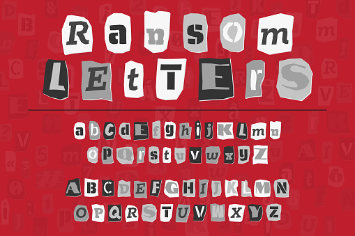Gray ransom collage style letters numbers and punctuation marks cut from newspapers and magazines. Vintage ABC collection. Red, white and black punk alphabet Typography vector illustration.