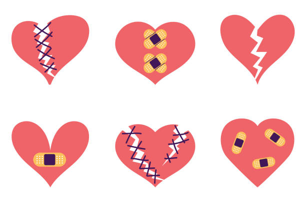 разбитое сердце, грустный персонаж, лицо, повязка, трещина, изолированный набор. векторная иллюстрация графического дизайна - bandage heart shape pain love stock illustrations
