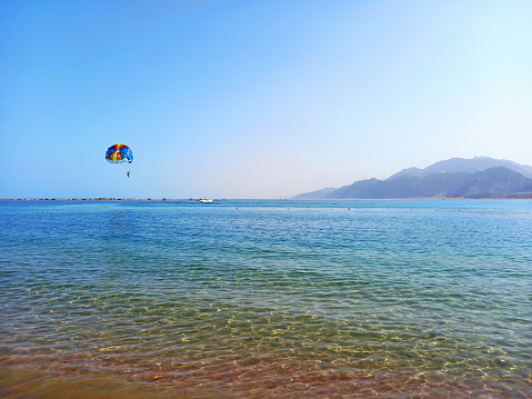 Paraglider flying over the Red Sea off the Egyptian coast. Desert and Sea of Dahab. Extreme nature and water sports.