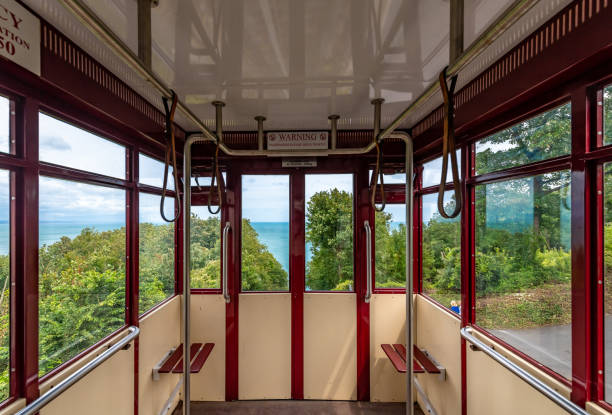 Torquay, UK. 16 July 2023. A view from the carriage of the historic Babbacombe Cliff Railway.