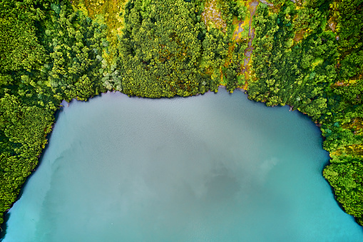 Aerial shot picturesque paradise of Sete Cidades in Azores, Sao Miguel. Volcanic craters and stunning lakes. Ponta Delgada, Portugal. Natural wonders, landmarks and tourist attractions concept