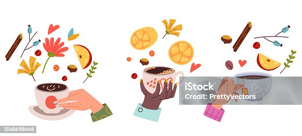 istock Coffee tea cup mug hot drink in hand isolated set. Vector graphic design illustration 1548698448