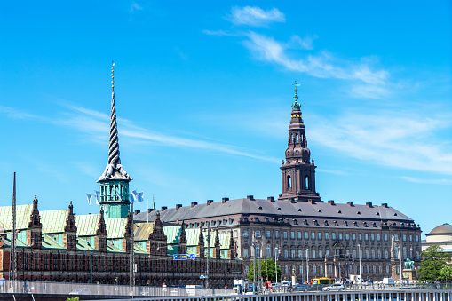 Nasdaq Copenhagen or Copenhagen Stock Exchange and Christiansborg Palace, Denmark.