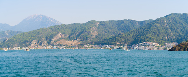 Panoramic view of Fethiye harbor from Fethiye Bay. Mugla, Turkey - July 10, 2023.