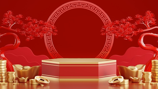 3d rendering illustration of podium round stage podium and paper art chinese new year, chinese festivals, mid autumn festival , red and gold ,flower and asian elements  on background.