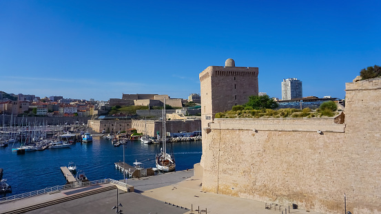 Marseille, France - May 29, 2023: Fort Saint-Jean is a fortification in Marseille, built in 1660 by Louis XIV at the entrance to the Old Port.