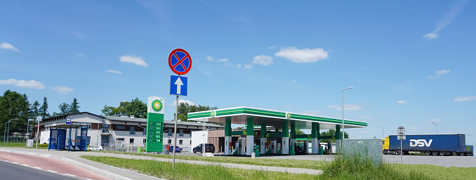 Krakow, Poland - May 22, 2023: BP gas station. British Petroleum is a multinational oil and gas company headquartered in London, England.