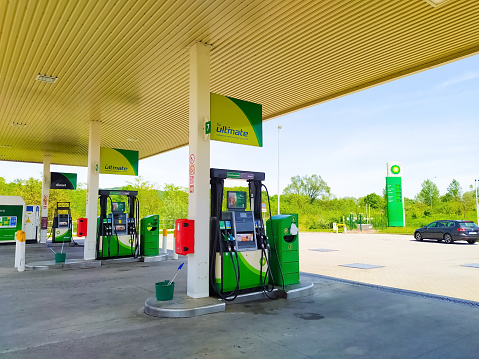 Krakow, Poland - May 22, 2023: BP gas station. British Petroleum is a multinational oil and gas company headquartered in London, England.