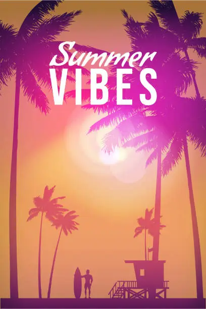 Vector illustration of Summer Vibes Retro Poster, surfer with surfboard