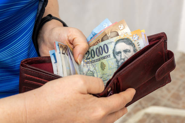 hungarian forint, woman holds wallet with money in hand, financial and budget concept - market european culture caucasian stock market imagens e fotografias de stock