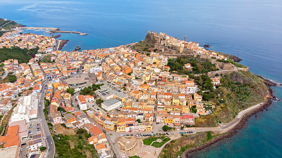 Aerial view of Castelsardo town and comune in northwest Sardinia, Italy,