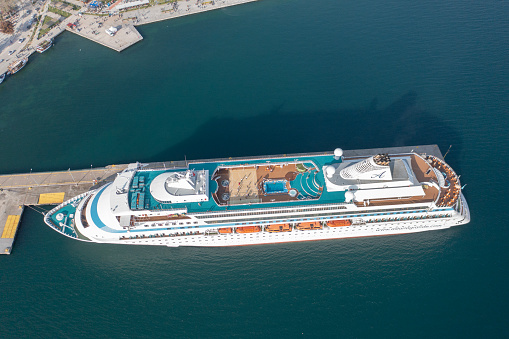 Sinop, Turkey, April 22, 2023; Aerial view of Astoria Grande Cruise ship in Sinop City, in black sea part of Turkey. Astoria Grande Cruise ship visiting black sea coastline cities.