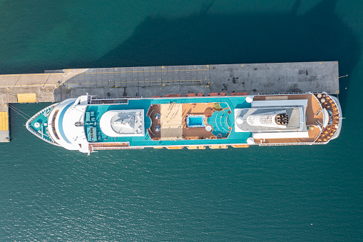 Sinop, Turkey, April 22, 2023; Aerial view of Astoria Grande Cruise ship in Sinop City, in black sea part of Turkey. Astoria Grande Cruise ship visiting black sea coastline cities.