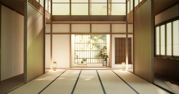 Interior, Empty room and tatami mat floor room japanese style.