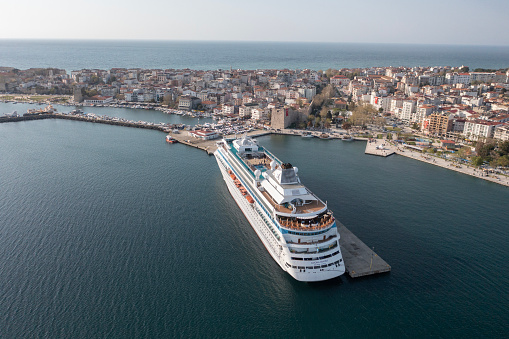 Cruise Ship Terminal, Vancouver, BC, July 29, 2019: Dawn arrival of cruise ship at the Canada Center.  Norwegian Cruise Line ship Jewel.